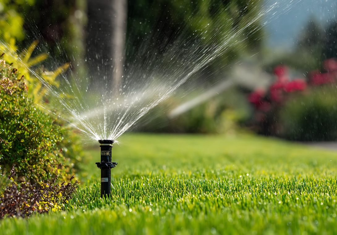 Sprinklers Watering Lush Green Lawn in Bright Sunny Garden
