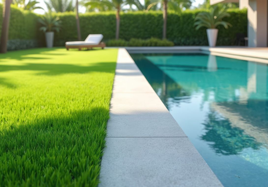 Lush green artificial grass lawn near modern swimming pool creates inviting outdoor space. 
