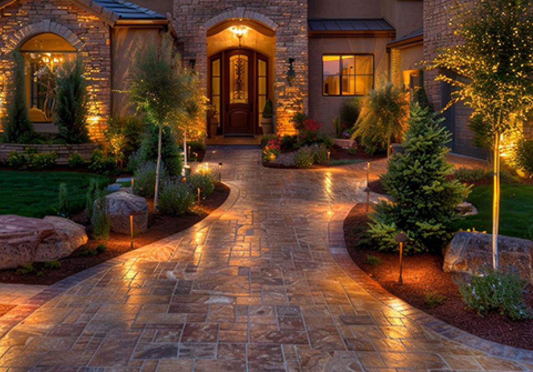 Luxurious modern house exterior with elegant lighting and garden landscaping in the evening