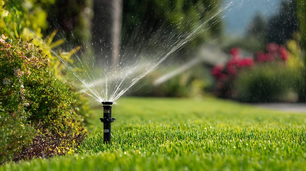Sprinklers Watering Lush Green Lawn in Bright Sunny Garden